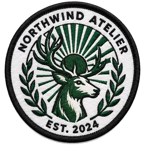 Circular Northwind Atelier patch with green and white embroidery at 75% coverage