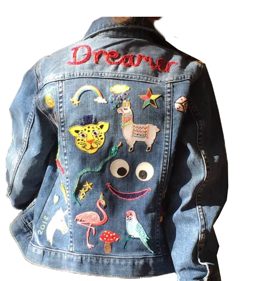 Decorative patches on a denim jacket