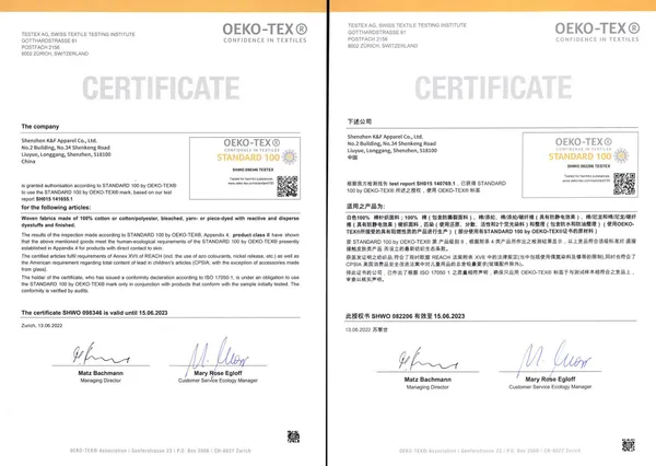 Historical OEKO-TEX certificate images — expiry June 2023